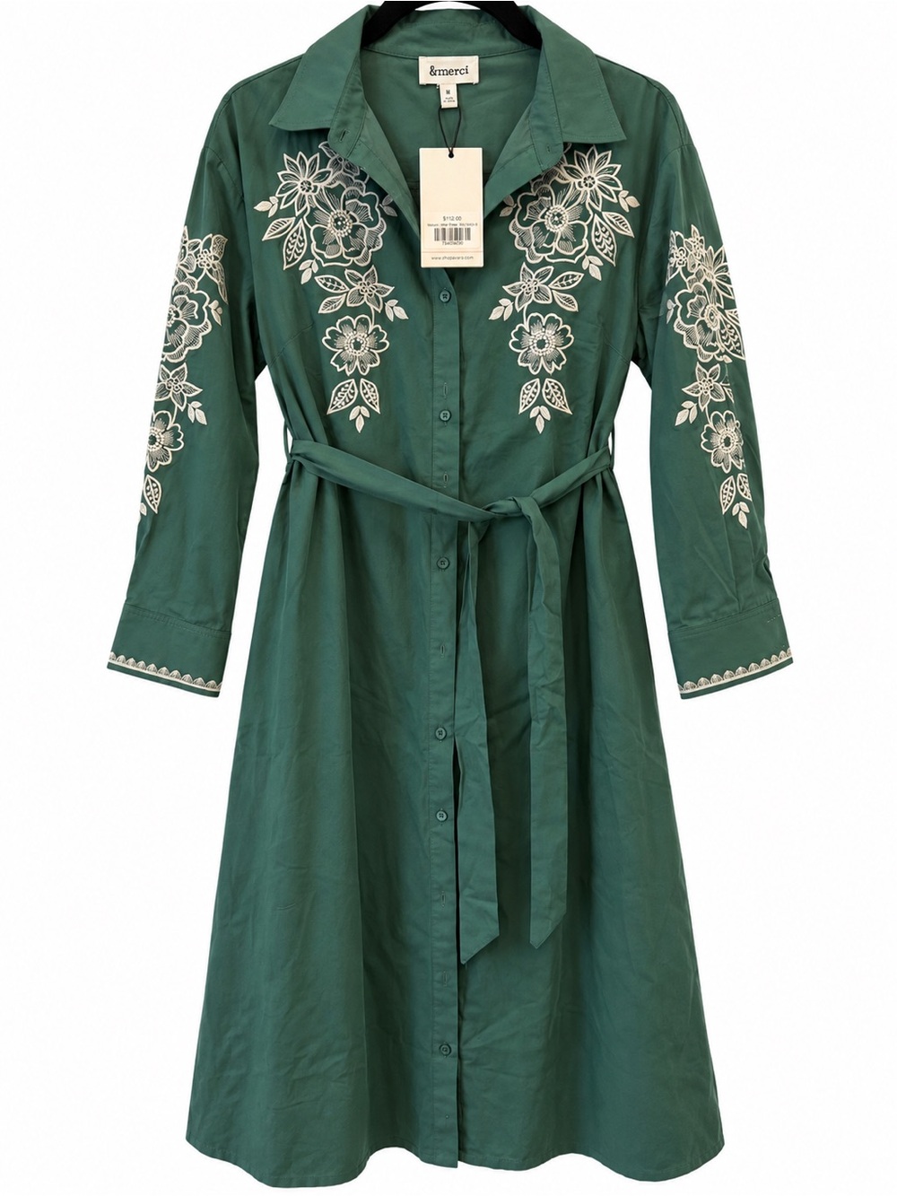 &merci Green Embroidered Button-Front Shirt Dress with Self Tie